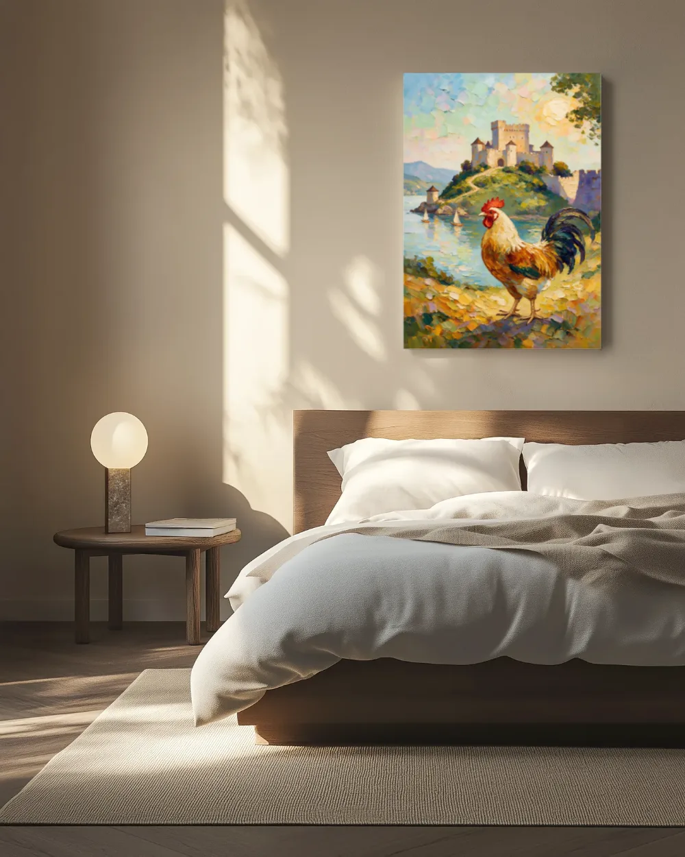 Kasteel helder in het volle beeld tegen een muur in de schaduw, canvas schilderij uit de collectie olieverf schilderijen