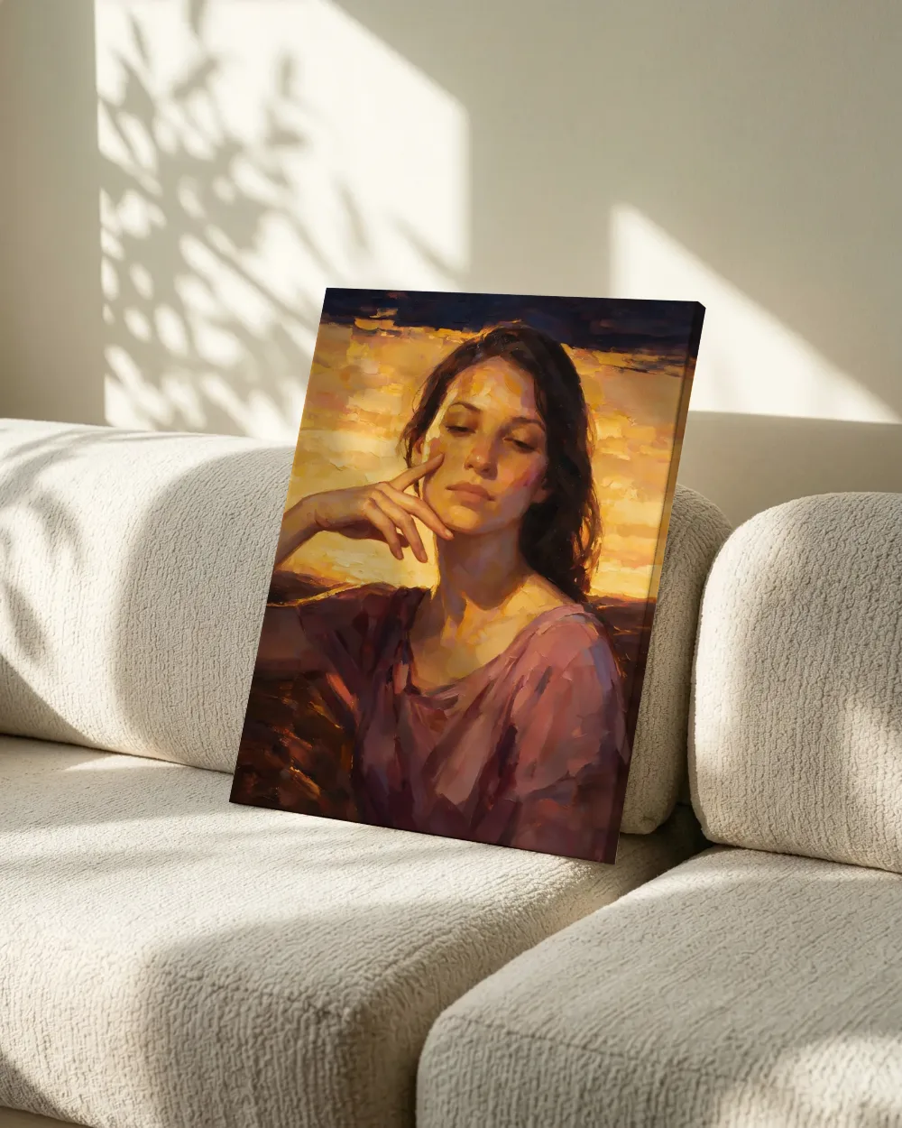 Portret, hand bij het gezicht, olieverf in donker gouden uur, canvas schilderij uit de collectie olieverf schilderijen