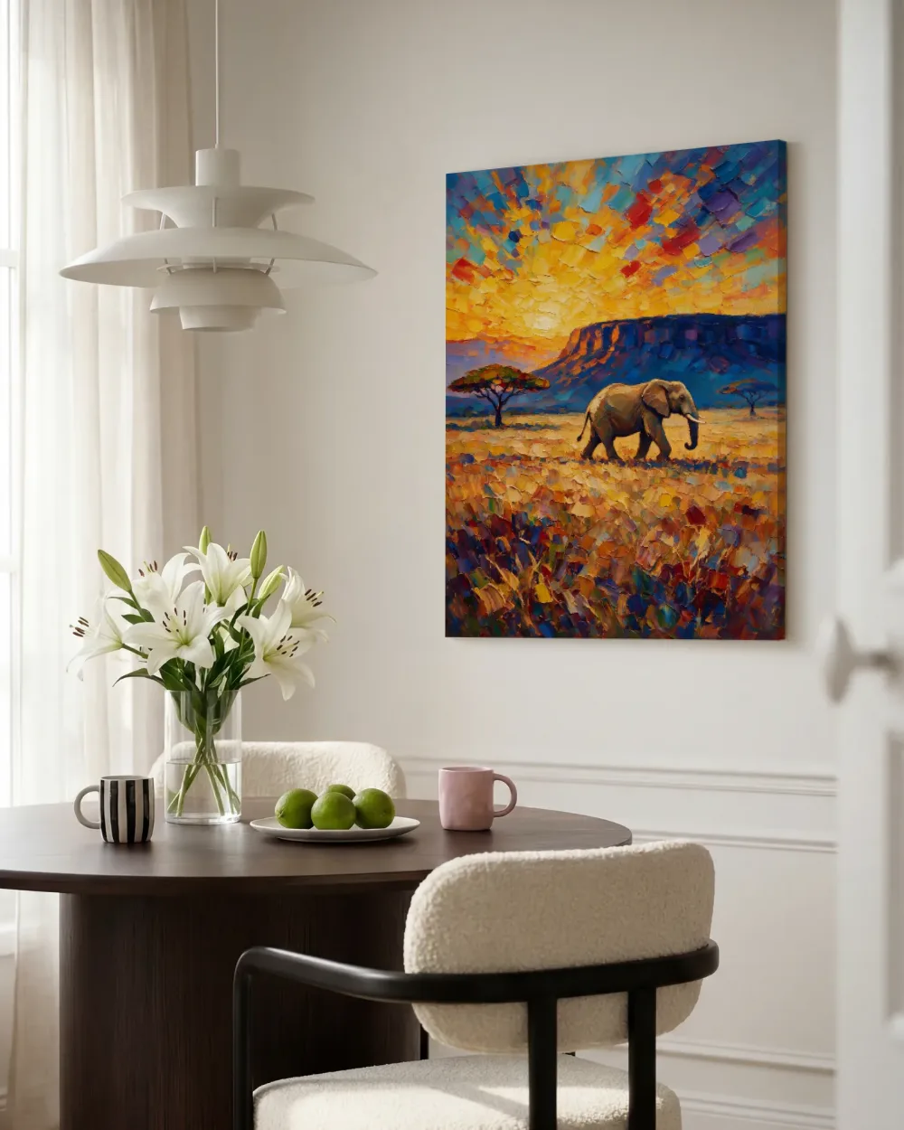 Olifant warm in het landschap tegen een muur in de schaduw, canvas schilderij uit de collectie olifant