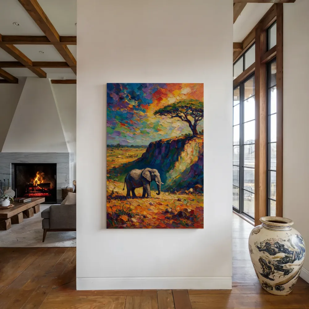 Olifant diep in het landschap tegen een muur in de schaduw, canvas schilderij uit de collectie olifant
