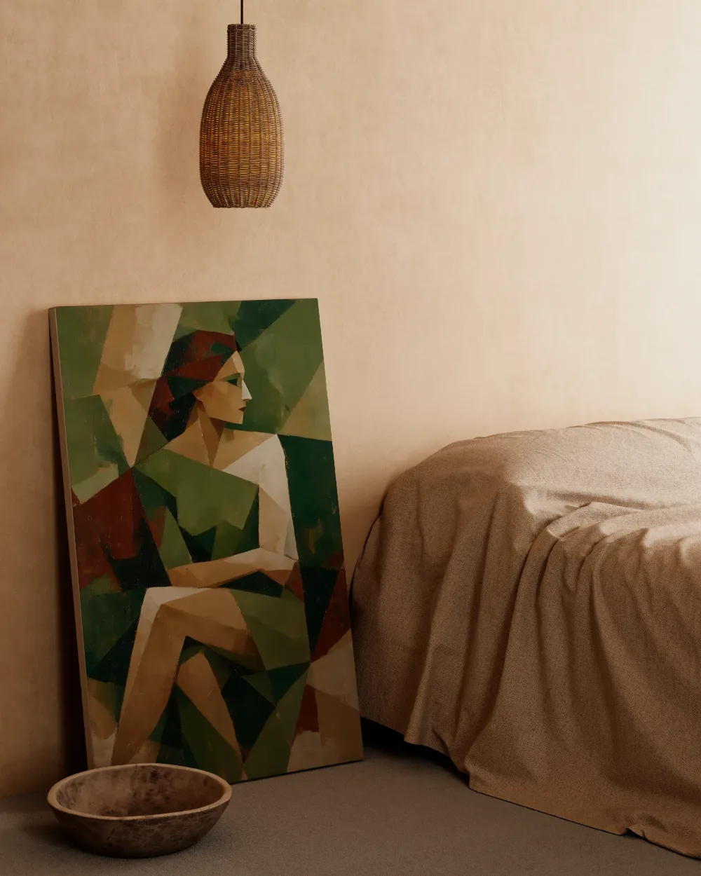Vrouw in vlakken, olijfgroen, canvas schilderij uit de collectie olijfgroen
