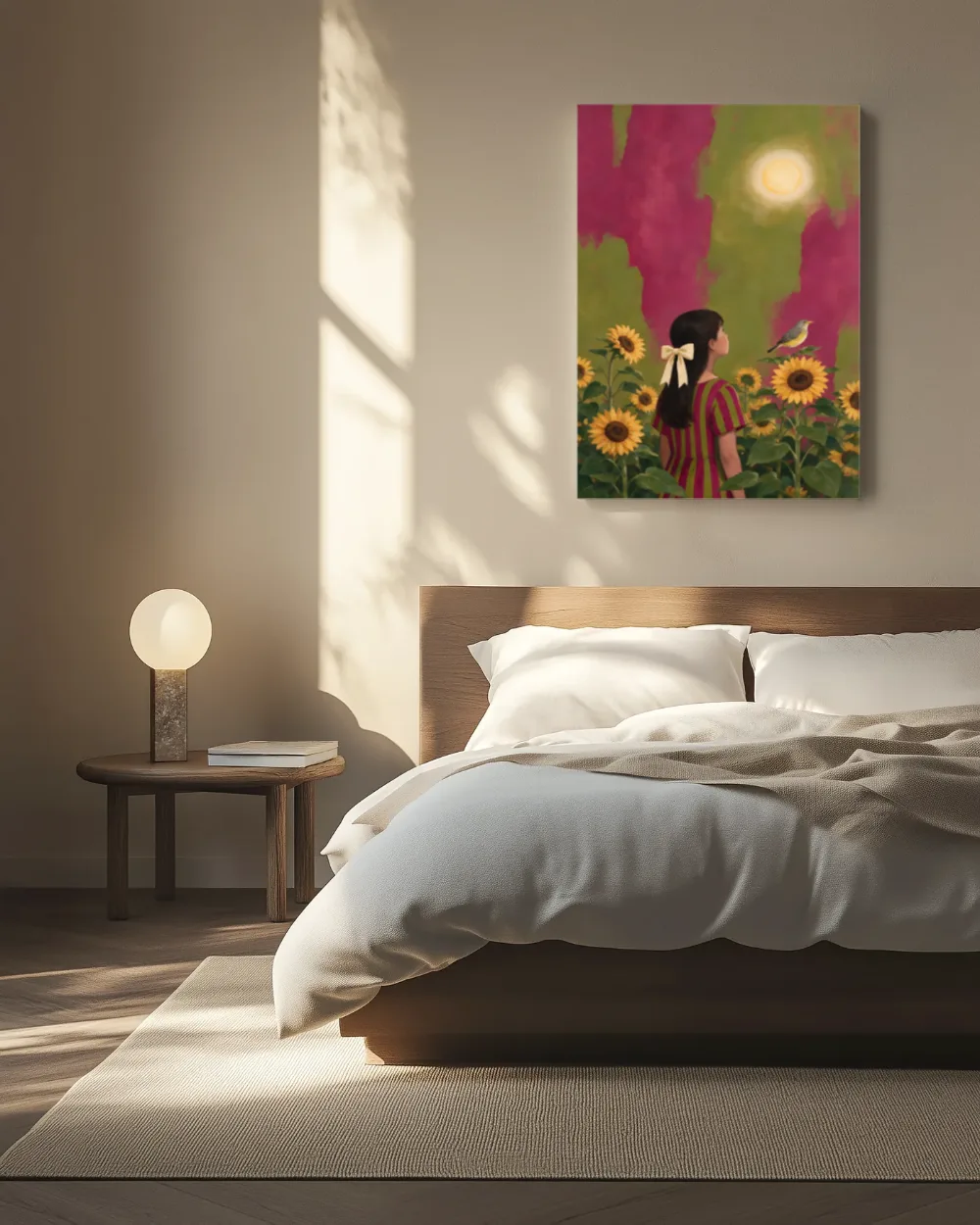 Meisje tussen de zonnebloemen in magenta en olijfgroen, canvas schilderij uit de collectie olijfgroen