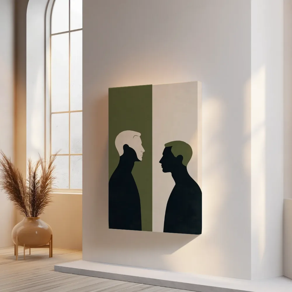 Twee mannen tegenover elkaar in olijfgroen, canvas schilderij uit de collectie olijfgroen
