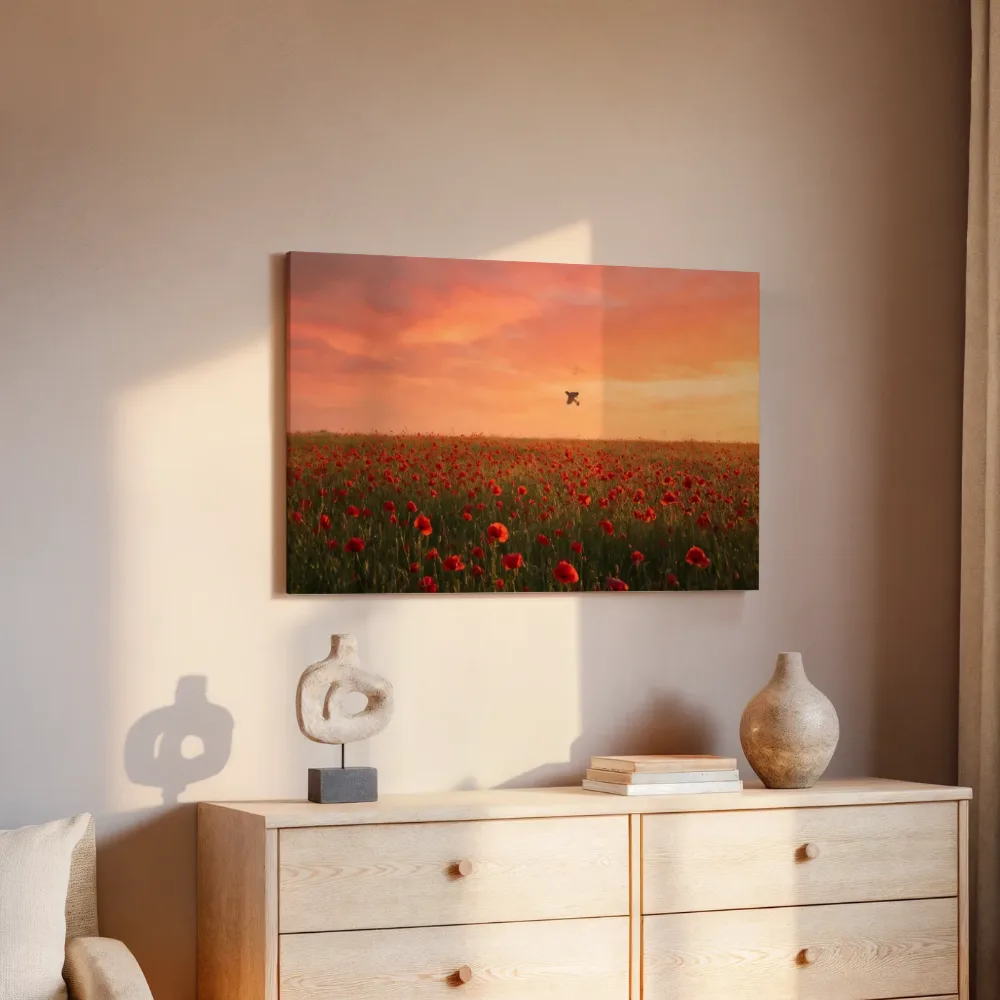 Klaprozen bij de zonsondergang 11, canvas schilderij uit de collectie oranje
