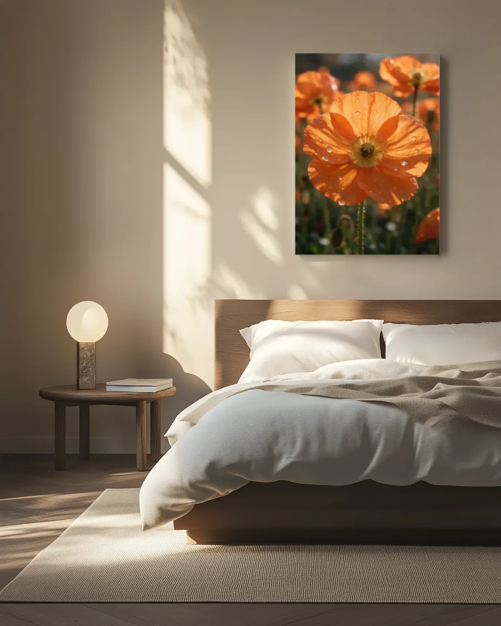 Klaprozen in dauw, regenboogglans, oranje, canvas schilderij uit de collectie oranje