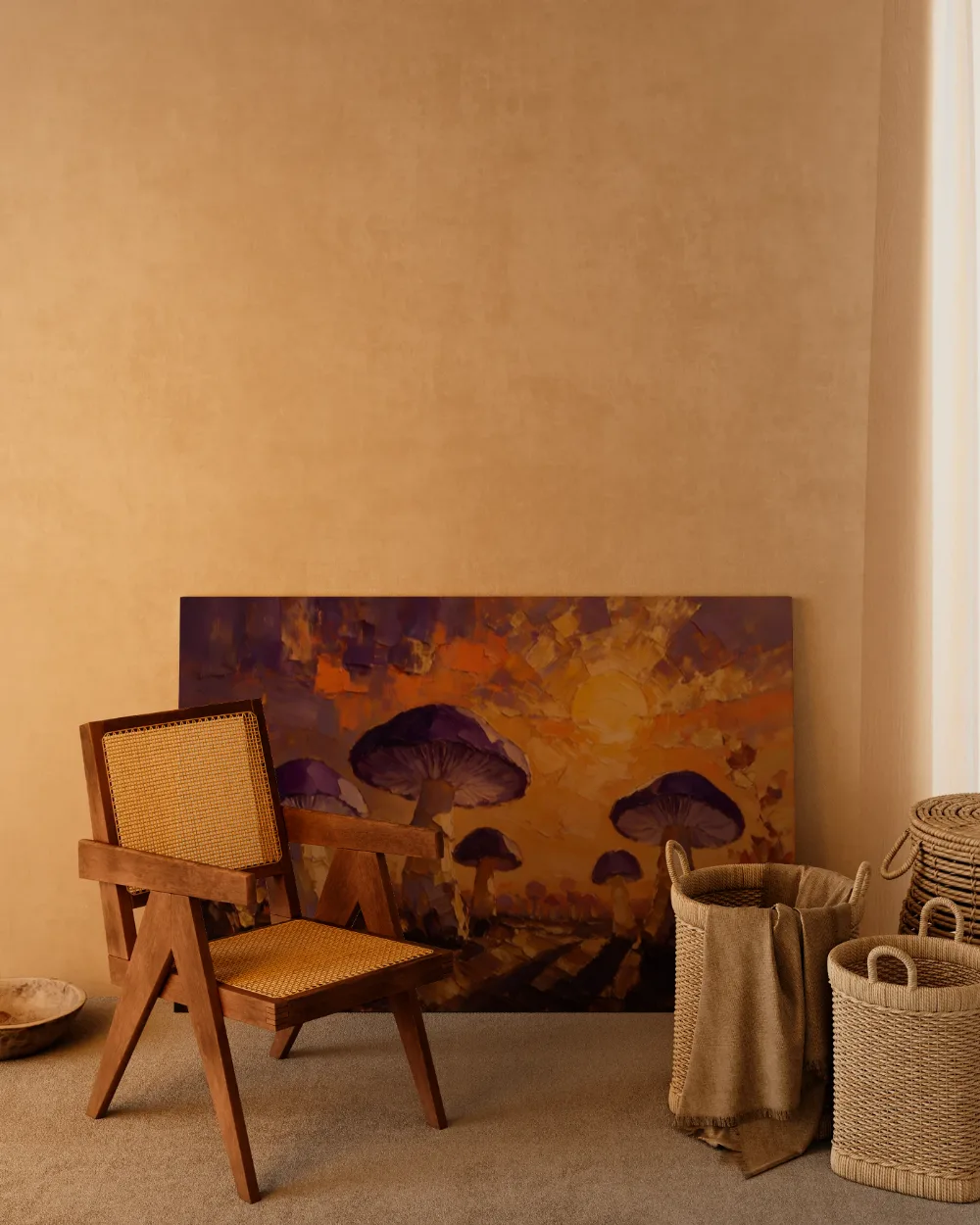 Paddenstoel tegen de lucht in paarsoranje, canvas schilderij uit de collectie oranje