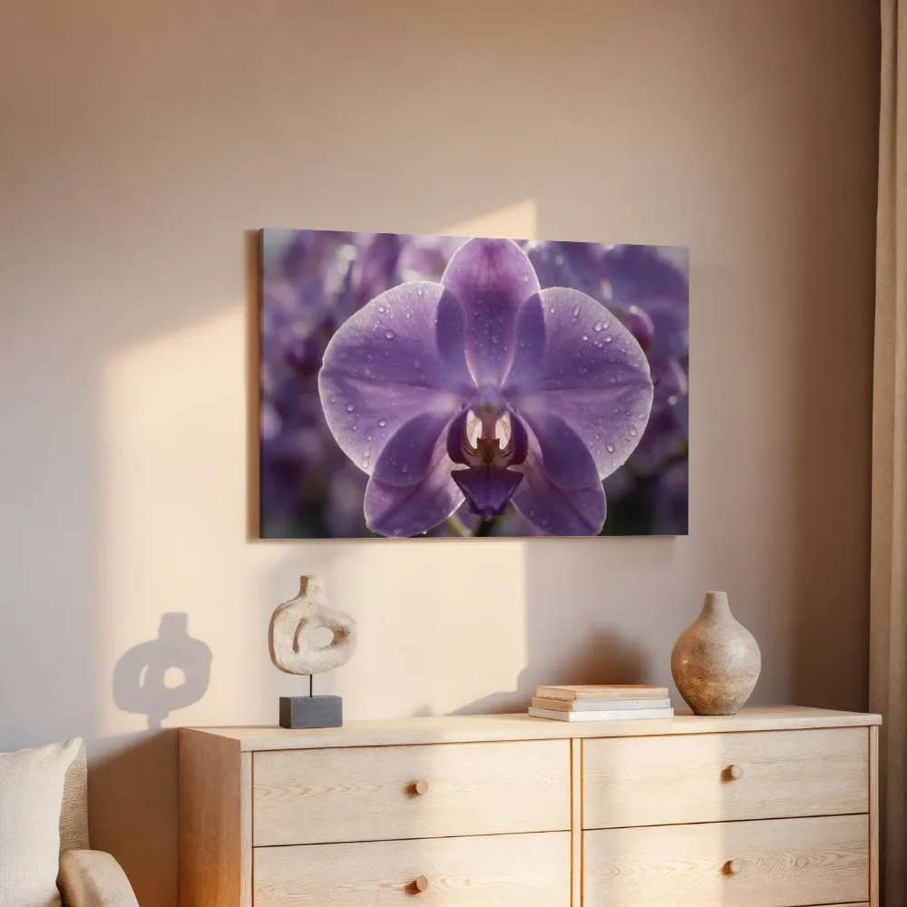 Orchidee in dauw, glinsterlicht, zachtpaars 2, canvas schilderij uit de collectie orchideeën