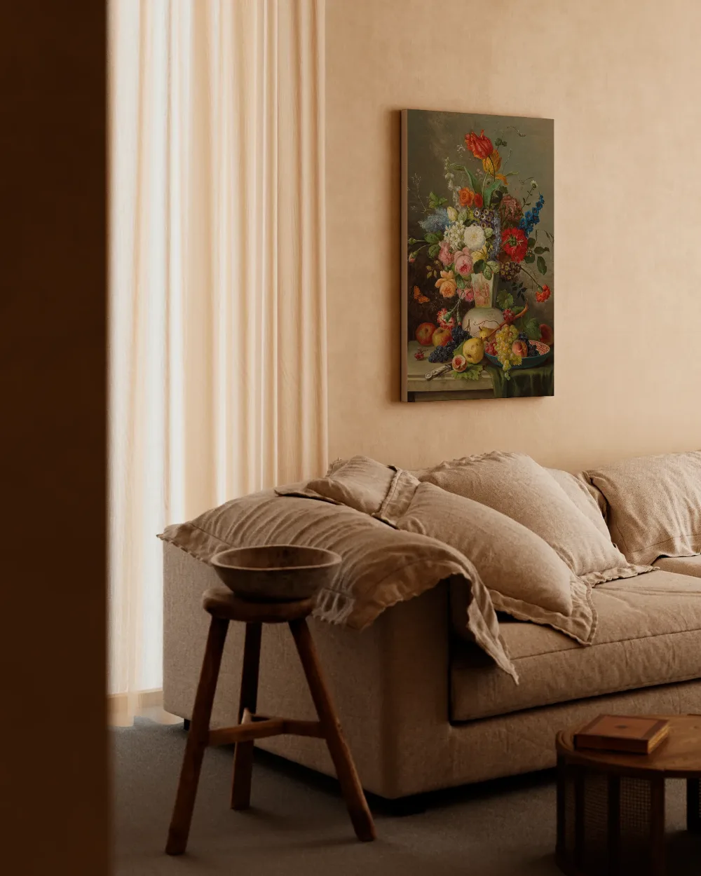 Groot bloemstuk met fruit op een stenen plaat van Franz Hohenberger, canvas schilderij uit de collectie oude meesters