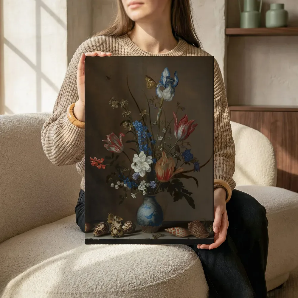 Stilleven met bloemenvaas en schelpen van Balthasar van der Ast, canvas schilderij uit de collectie balthasar van der ast