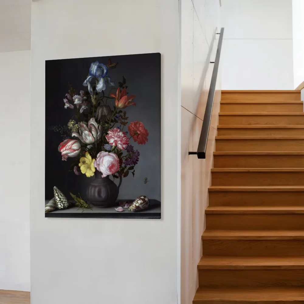 Bloemen in een vaas met schelpen en insecten van Balthasar van der Ast, canvas schilderij uit de collectie balthasar van der ast