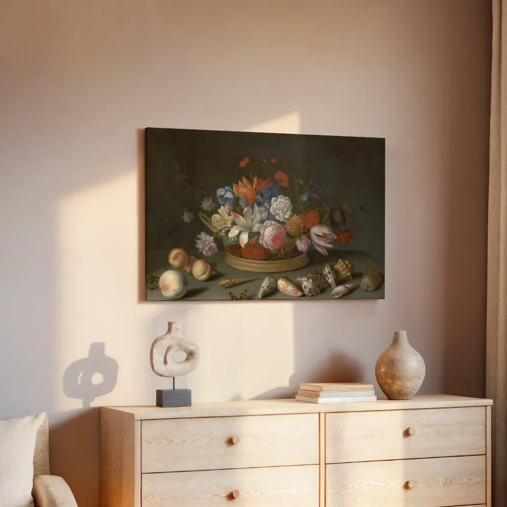 Tulpen, rozen en andere bloemen in een mand op een tafel van Balthasar van der Ast, canvas schilderij uit de collectie oude meesters: bloemen