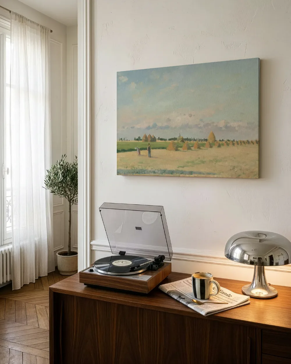 Open velden met hooibergen bij Pontoise van Camille Pissarro, canvas schilderij uit de collectie camille pissarro