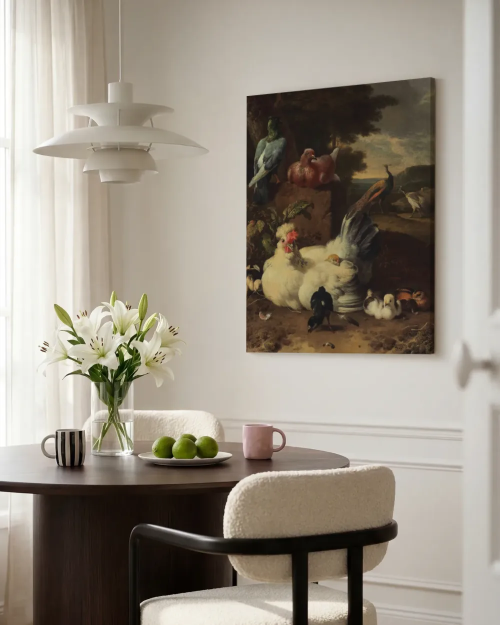 Witte hen met kuikens, duiven en pauwen naast een stenen muur in een landschap, jaren 1660 van Melchior d'Hondecoeter, canvas schilderij uit de collectie oude meesters: dieren