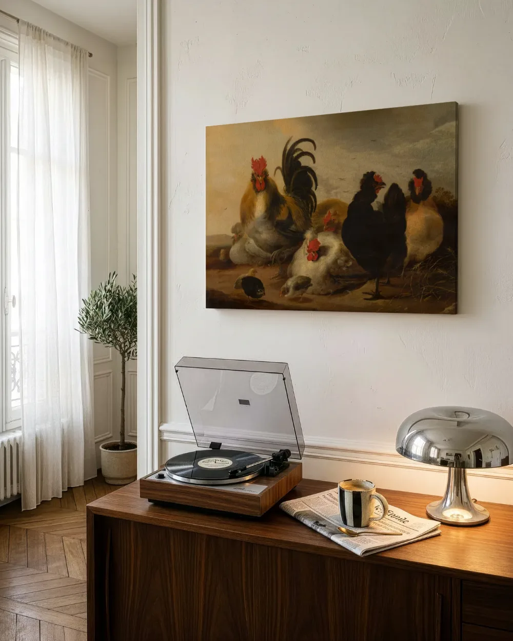 Haan en kippen in een landschap van Gijsbert d'Hondecoeter, Aelbert Cuyp, canvas schilderij uit de collectie oude meesters: dieren