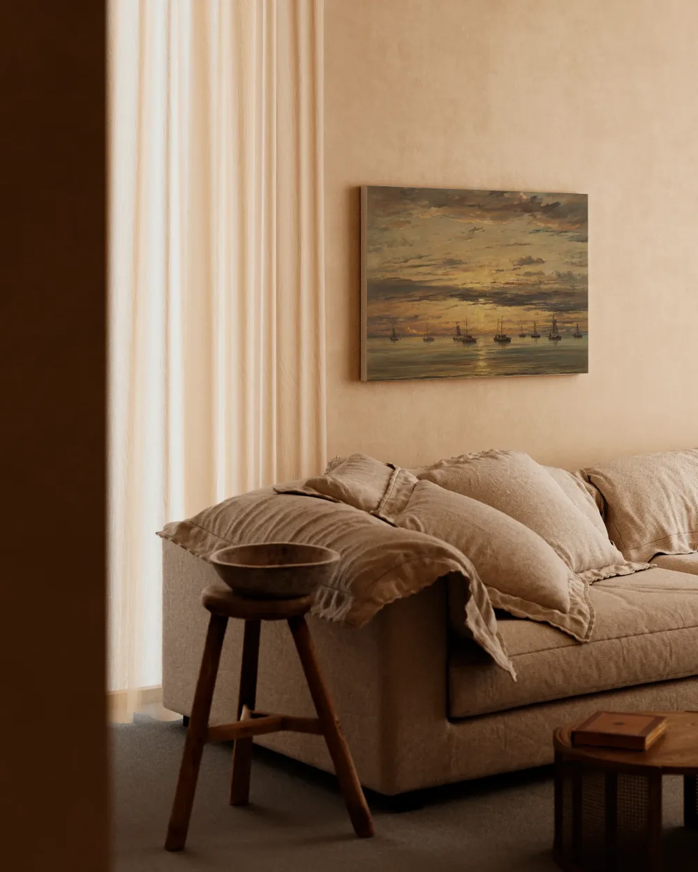 Zonsondergang bij Scheveningen, een vloot vissersschepen voor anker van Hendrik Willem Mesdag, canvas schilderij uit de collectie hendrik willem mesdag