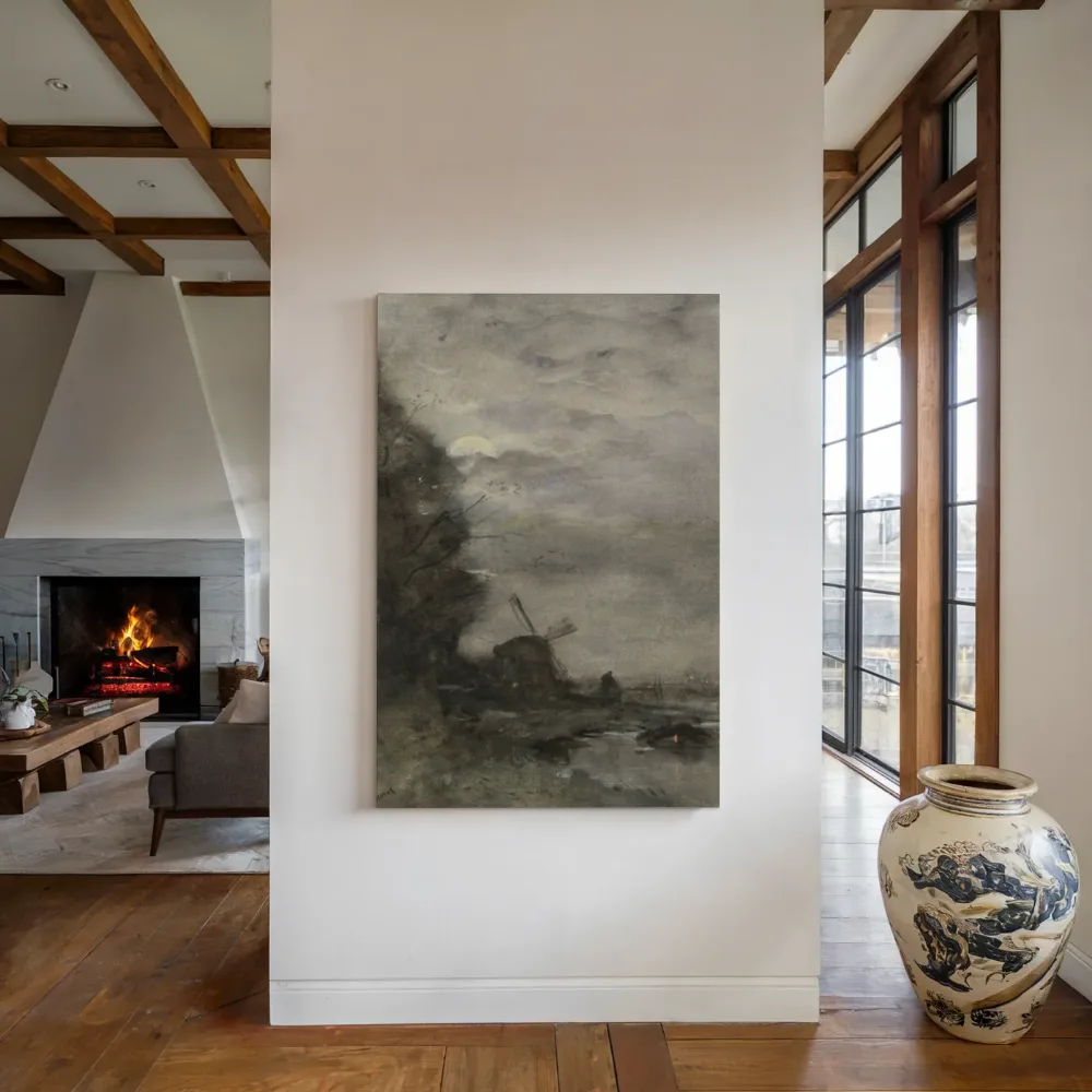 Landschap met molen bij maanlicht van Jacob Maris, canvas schilderij uit de collectie jacob maris