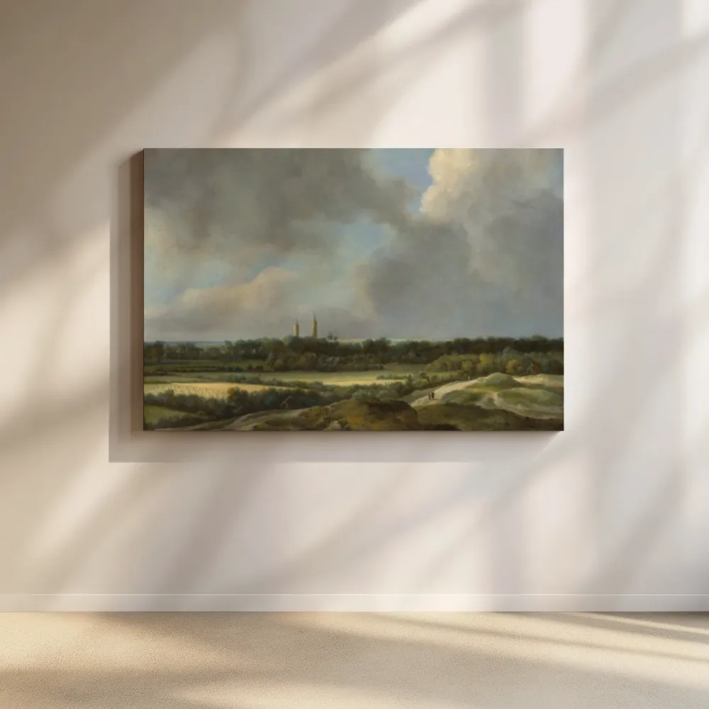 Een weids landschap met korenvelden, met Heemstede in de verte van Jacob van Ruisdael, canvas schilderij uit de collectie jacob van ruisdael