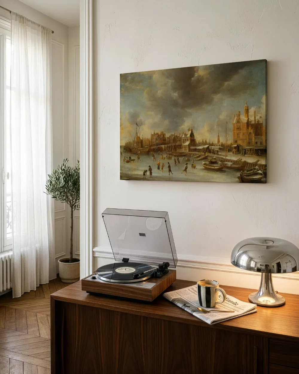 Schaatsers op het IJ voor het Paalhuis en de Nieuwe Brug te Amsterdam van Jan Abrahamsz Beerstraten, canvas schilderij uit de collectie jan abrahamsz beerstraten