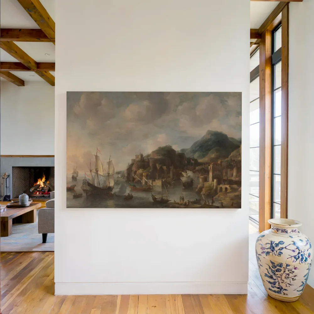 Hollandse schepen in een vreemde haven van Jan Abrahamsz Beerstraten, canvas schilderij uit de collectie jan abrahamsz beerstraten