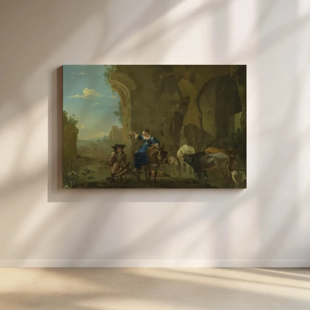 Italianiserend landschap met reizigers bij een beek met vee van Jan Asselijn, canvas schilderij uit de collectie jan asselijn