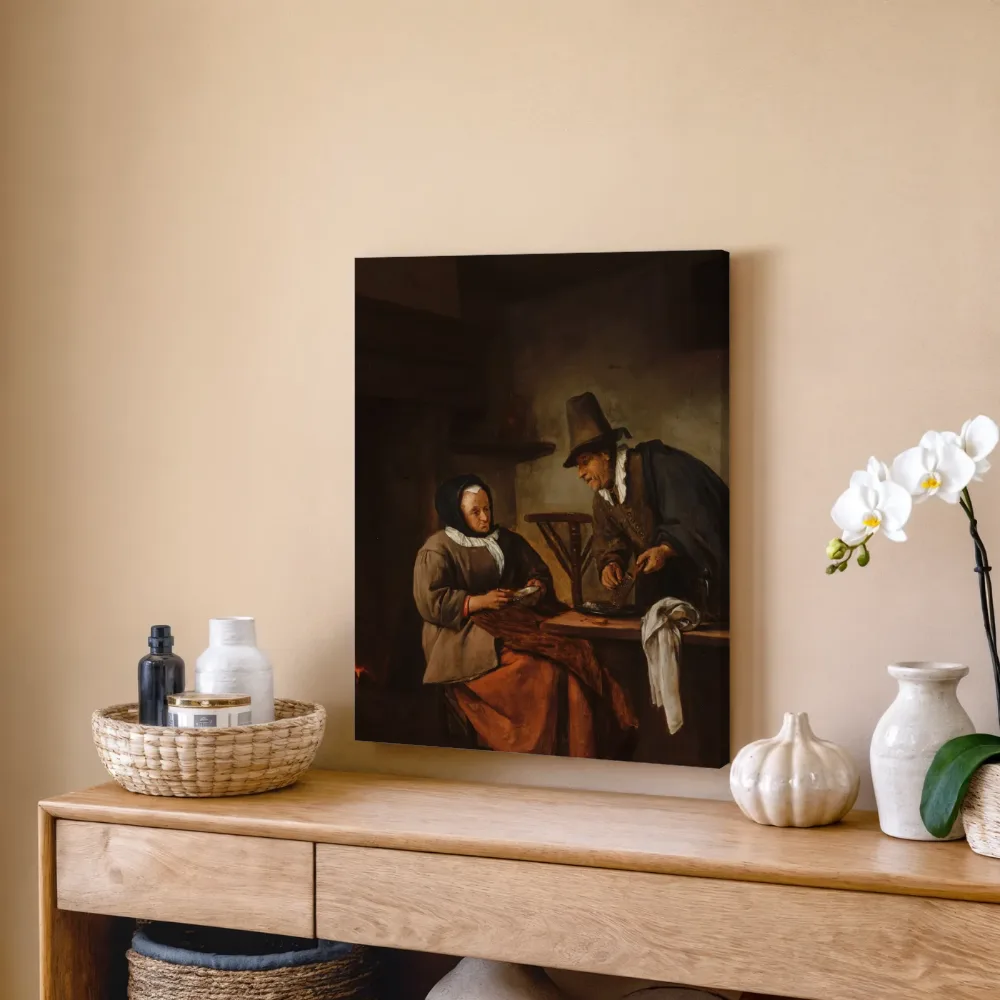 Oud paar dat een drank bereidt van Jan Steen, canvas schilderij uit de collectie jan steen