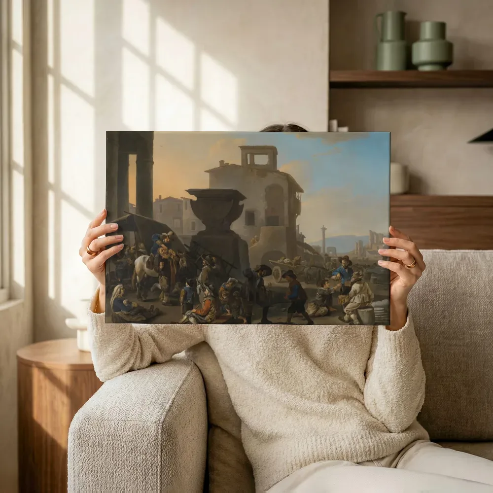 Italiaanse markt met een kwakzalvende tandentrekker van Johannes Lingelbach, canvas schilderij uit de collectie johannes lingelbach