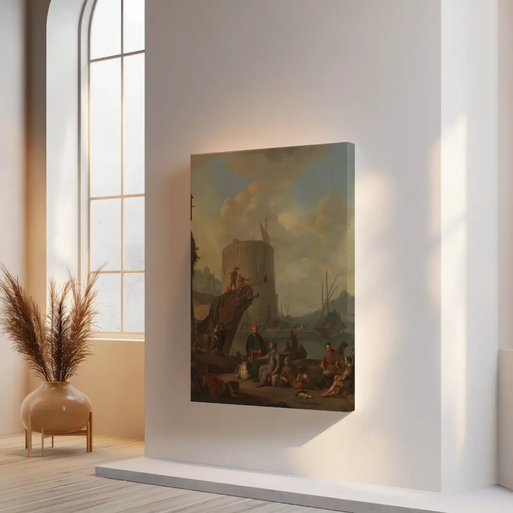 Italiaanse haven met een versterkte toren van Johannes Lingelbach, canvas schilderij uit de collectie johannes lingelbach