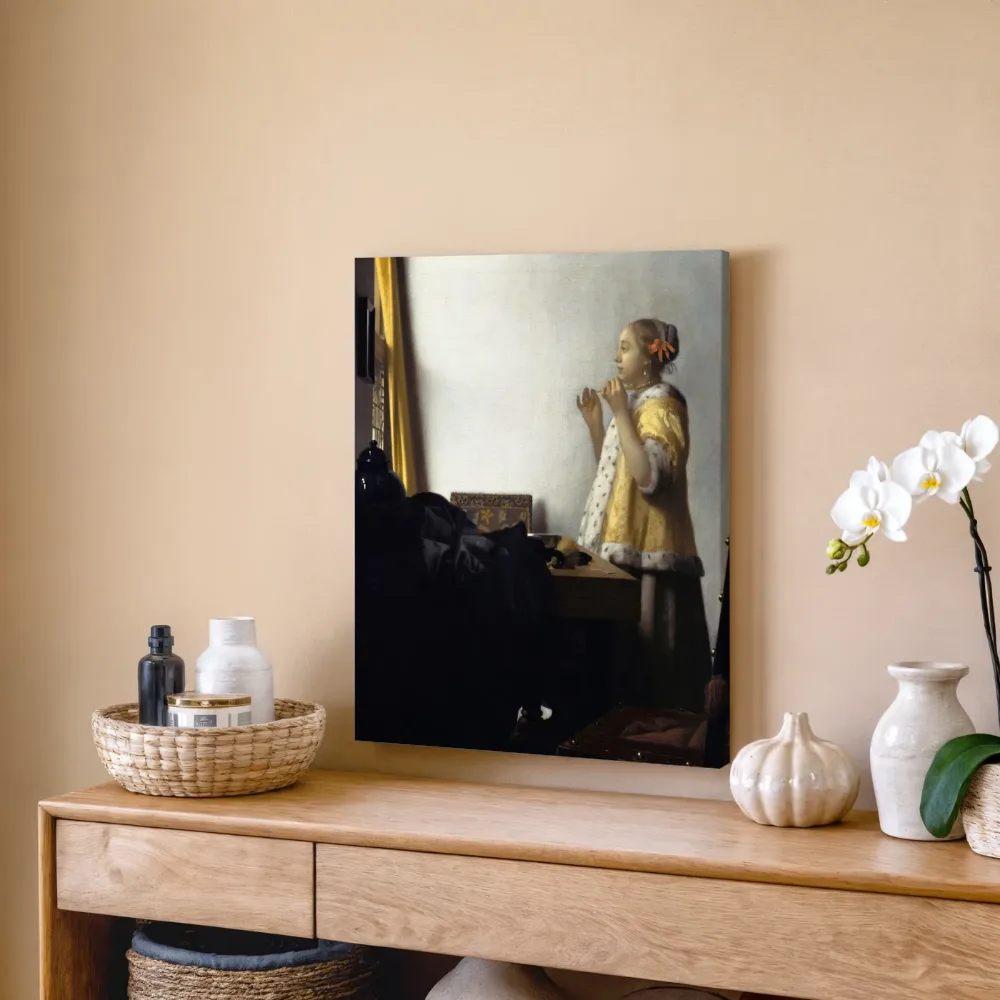 Vrouw met parelsnoer van Johannes Vermeer, canvas schilderij uit de collectie johannes vermeer