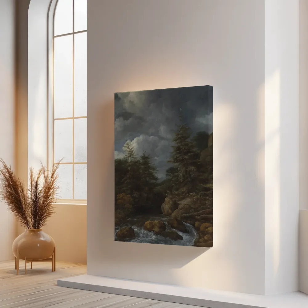 Een rivierlandschap met sparren bij een waterval van Jacob van Ruisdael, canvas schilderij uit de collectie oude meesters: landschappen