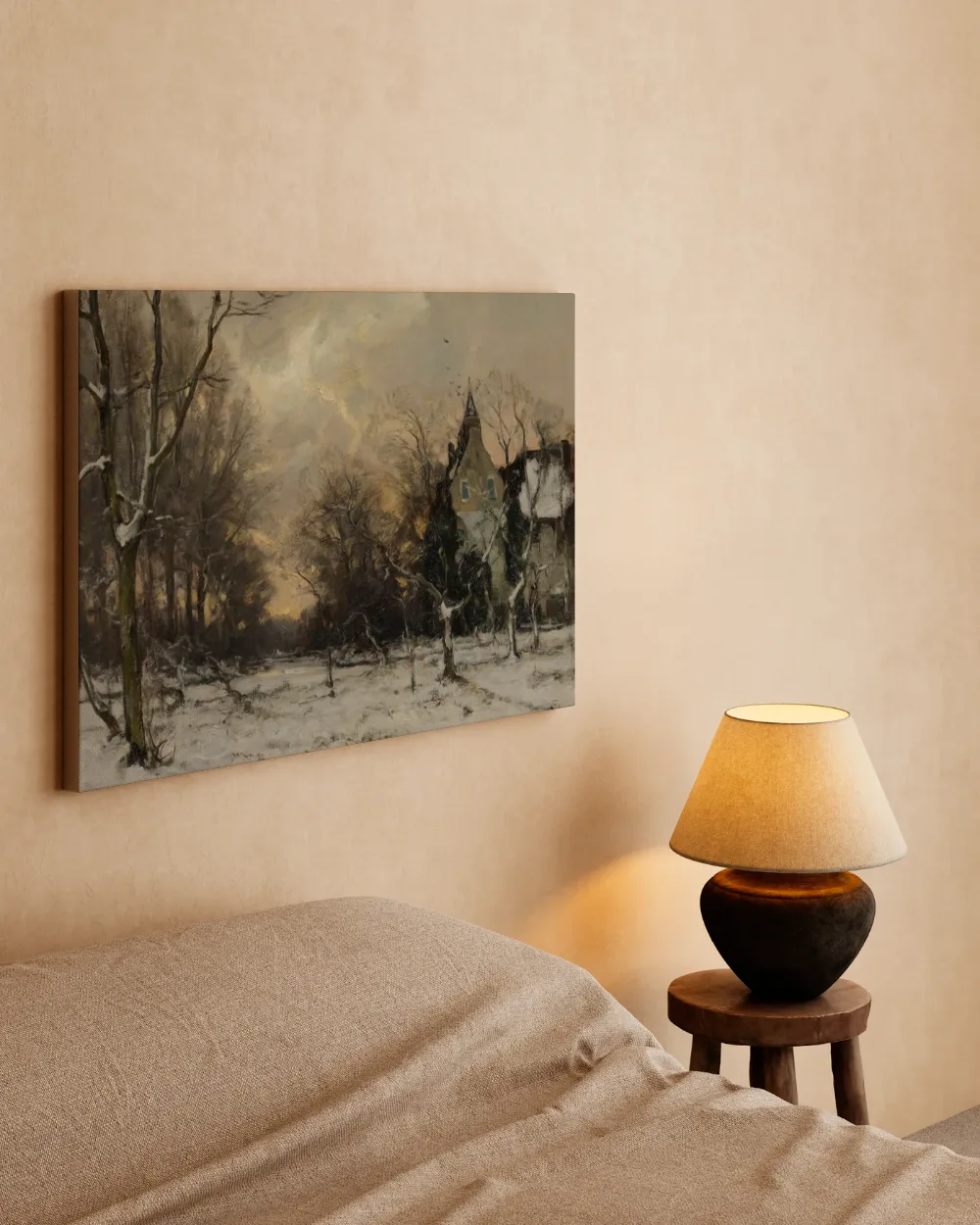 Winter aan de rand van het dorp van Louis Apol, canvas schilderij uit de collectie louis apol