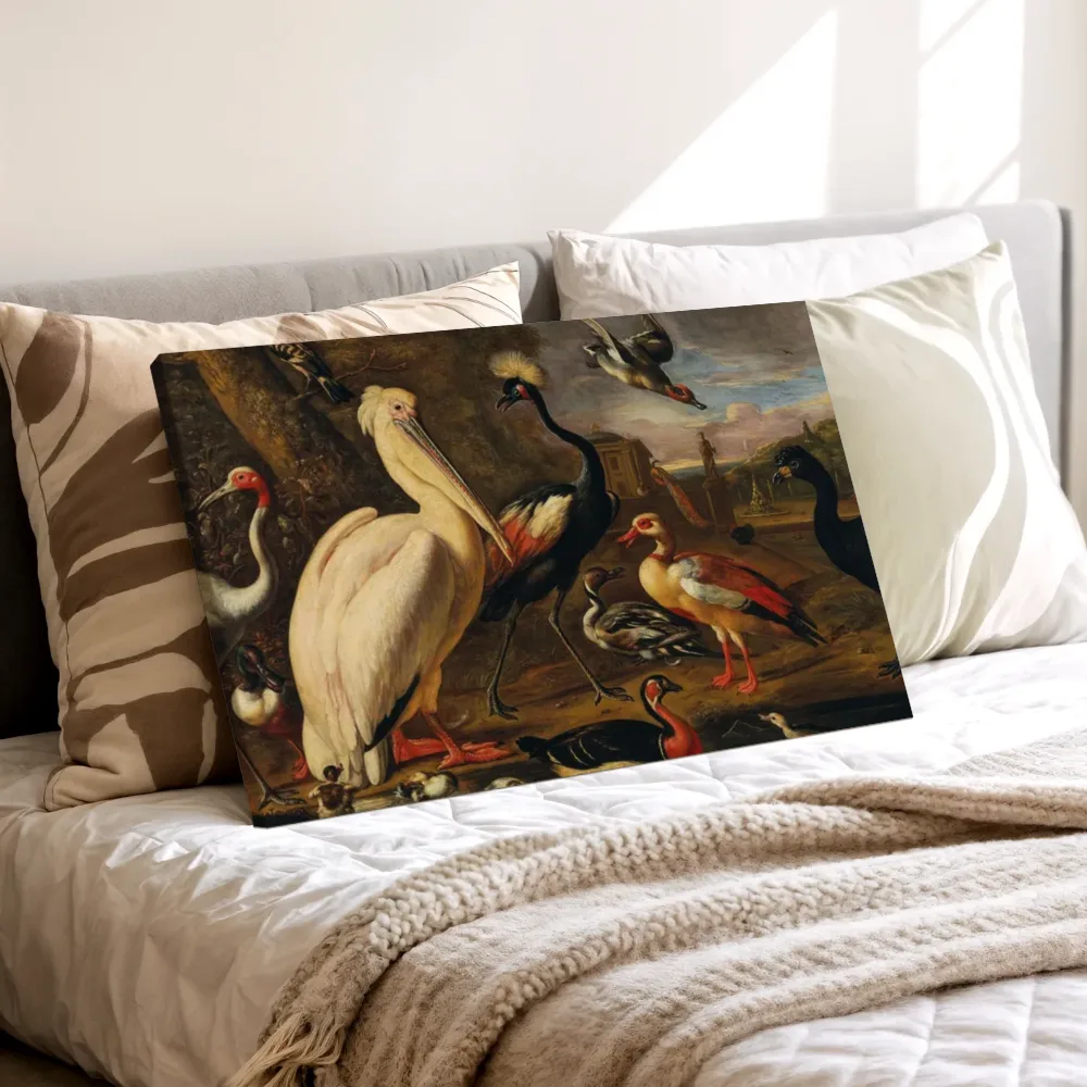 Een pelikaan en andere vogels bij het water van Melchior d'Hondecoeter, canvas schilderij uit de collectie melchior d'hondecoeter
