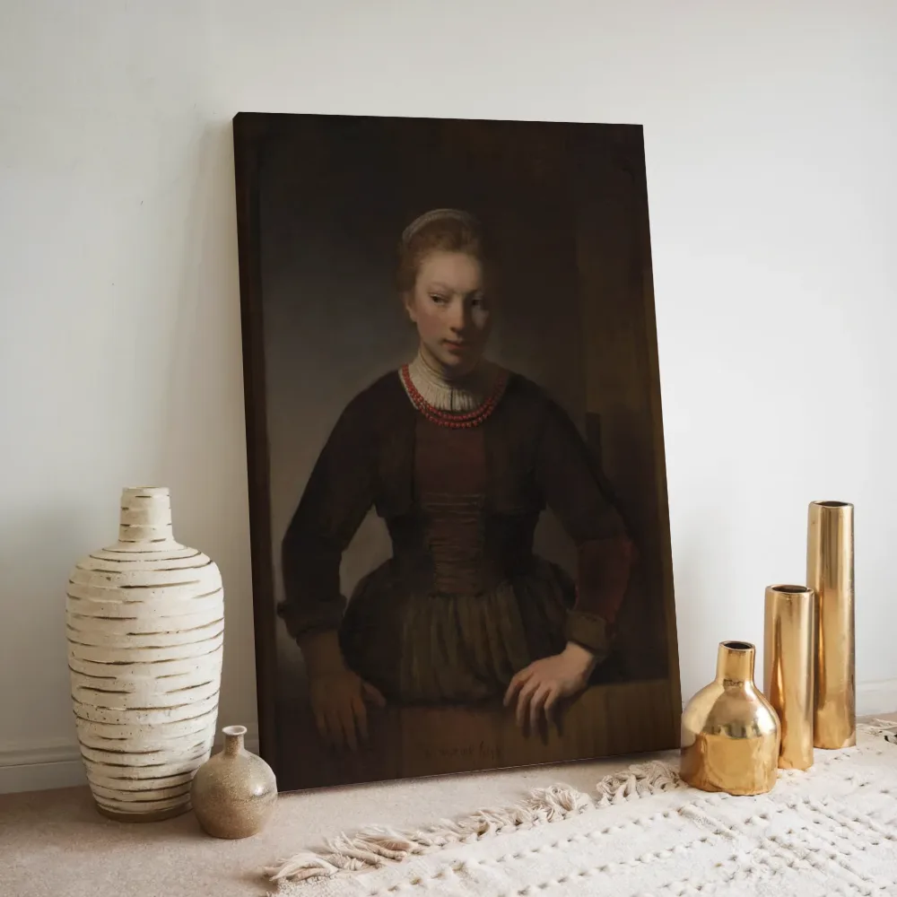 Jonge vrouw bij een open onderdeur van Rembrandt van Rijn, canvas schilderij uit de collectie rembrandt van rijn