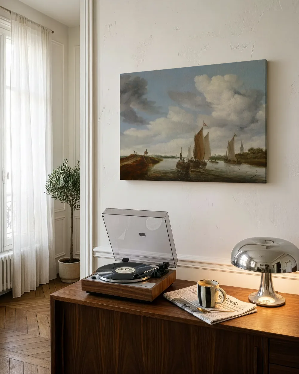 Rivierlandschap met zeilboten en een trekschuit van Salomon van Ruysdael, canvas schilderij uit de collectie salomon van ruysdael