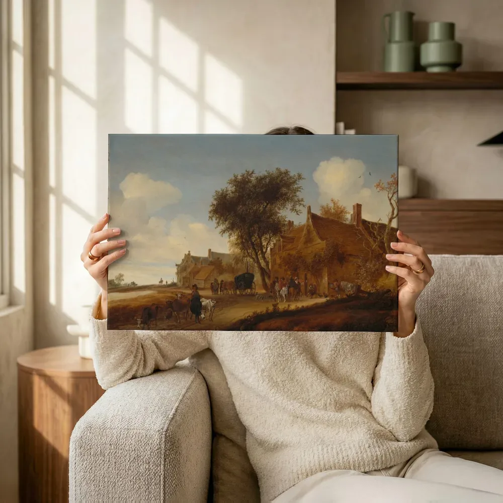 Landschap met reizigers voor een herberg van Salomon van Ruysdael, canvas schilderij uit de collectie salomon van ruysdael