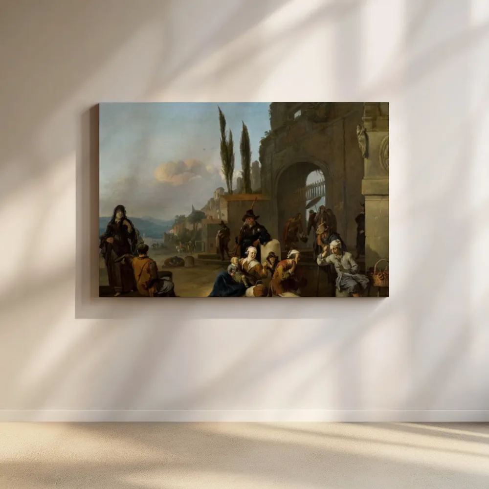 Straattafereel bij een Romeinse stadspoort van Johannes Lingelbach, canvas schilderij uit de collectie oude meesters: stadsgezichten