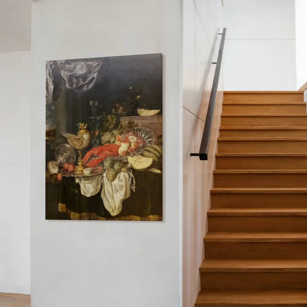 Stilleven met kreeft, nautilusbeker, glas-en zilverwerk op donker kleed met wit servet van Abraham van Beijeren, canvas schilderij uit de collectie oude meesters: stillevens