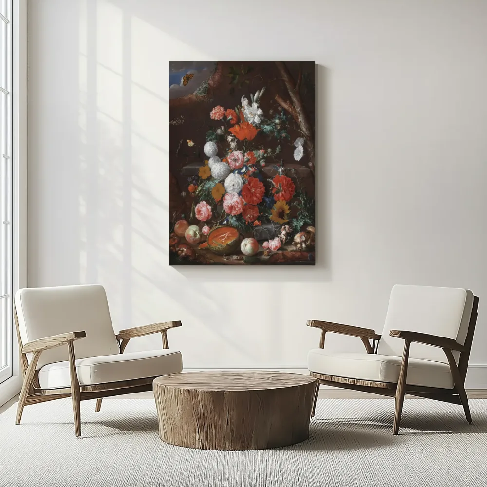 Stilleven met bloemen en fruit op een stenen sokkel in een tuin van Cornelis de Heem, canvas schilderij uit de collectie oude meesters: stillevens