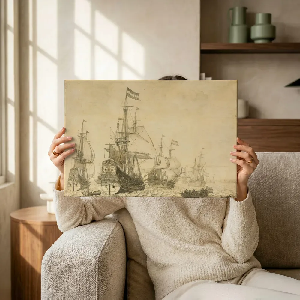 Zeegezicht met Nederlandse oorlogsschepen van Willem van de Velde, canvas schilderij uit de collectie oude meesters: zeegezichten