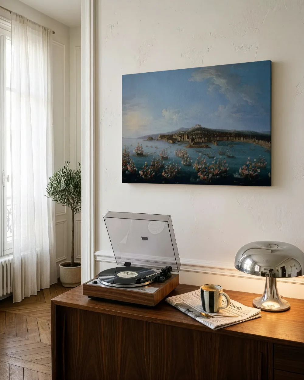 Carlos III verlaat de haven van Napels, gezien vanaf zee van Antonio Joli, canvas schilderij uit de collectie oude meesters: zeegezichten