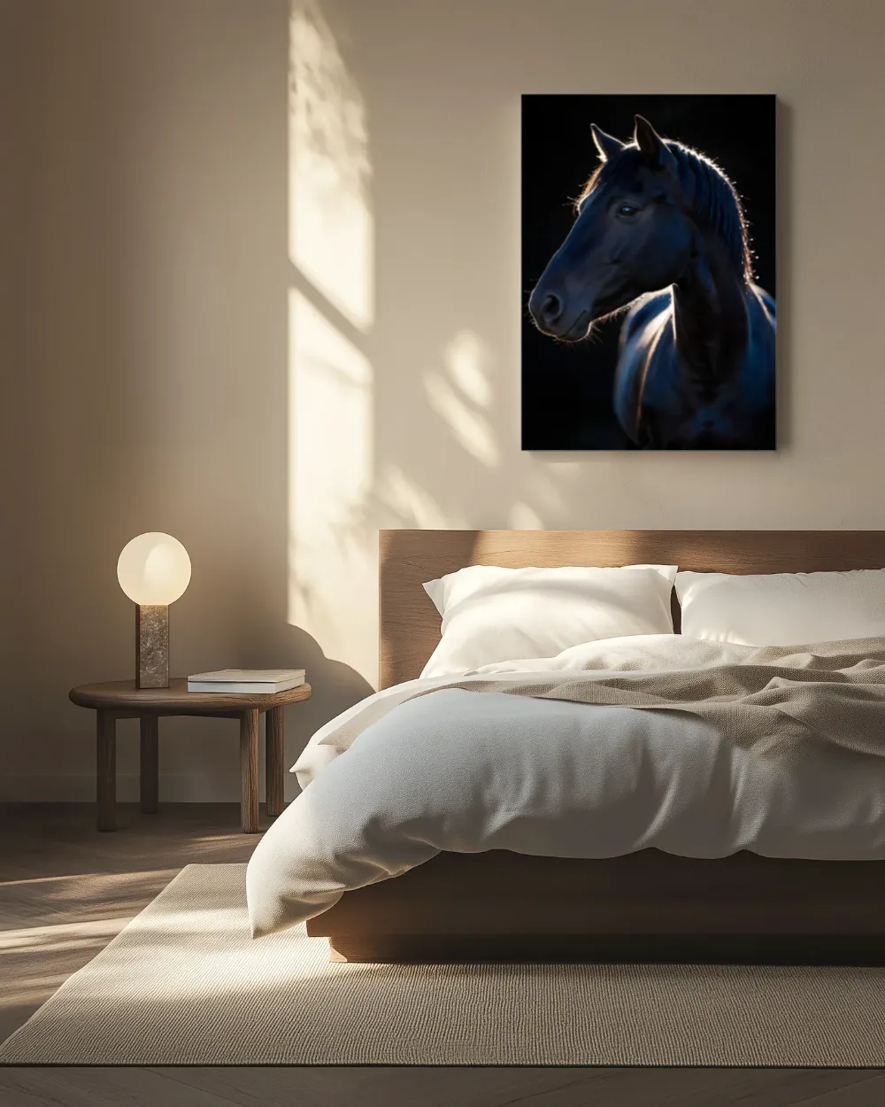 Zwart paard in tegenlicht, canvas schilderij uit de collectie paarden