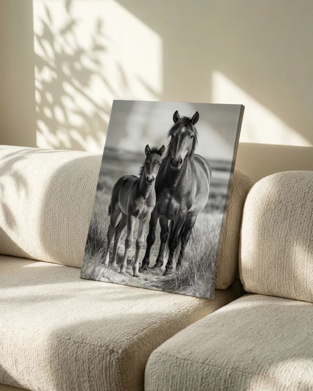 Paard met jong, een silhouet tegen een vurige zonsondergang, canvas schilderij uit de collectie paarden
