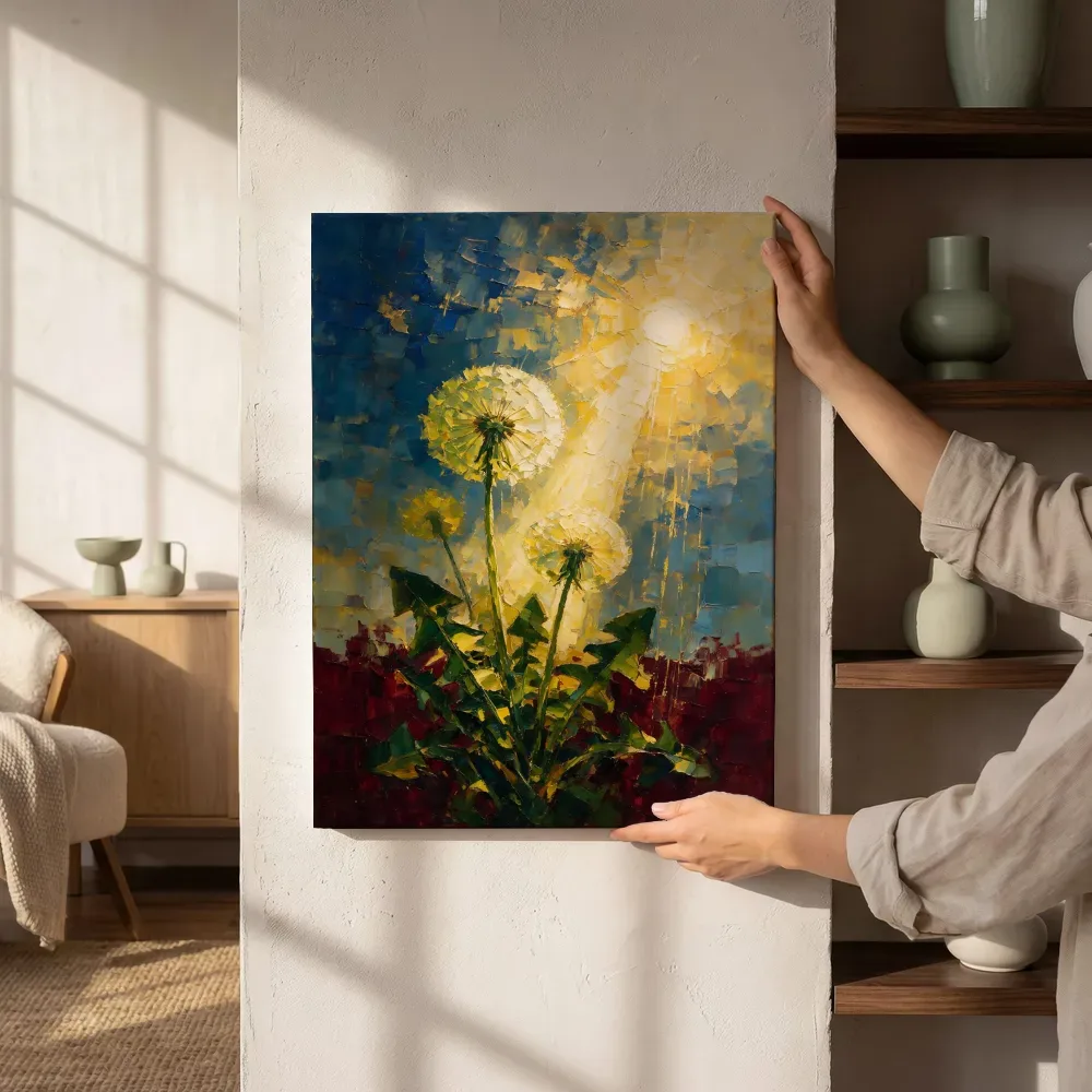 Paardenbloem tegen de lucht in citroen, canvas schilderij uit de collectie paardenbloem