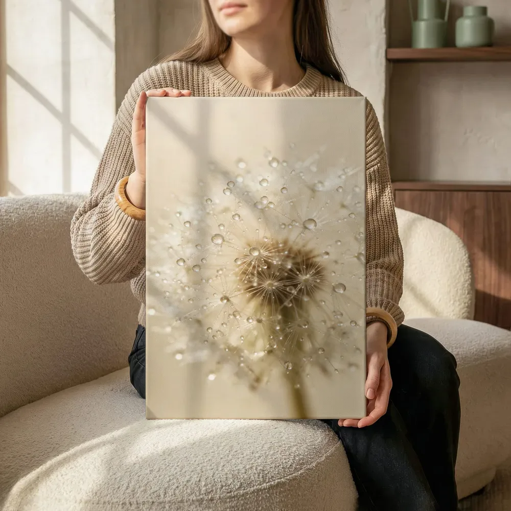 Paardenbloem in dauw, glinsterlicht, romige gloed 2, canvas schilderij uit de collectie paardenbloem
