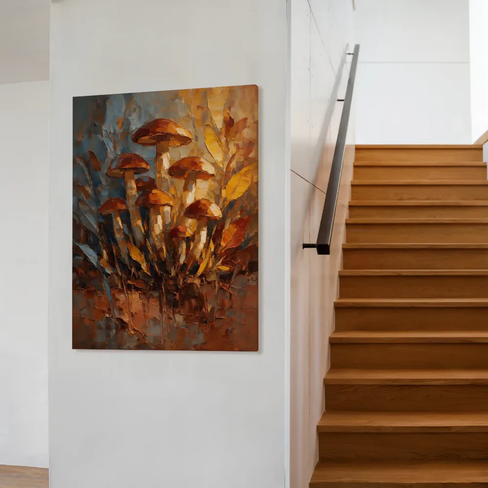 Paddenstoel in groepjes in roest, canvas schilderij uit de collectie paddenstoel