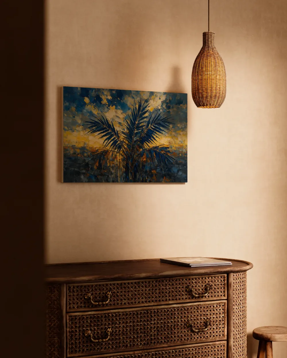 Palmboom tegen de lucht in blauwgeel, canvas schilderij uit de collectie palmbomen