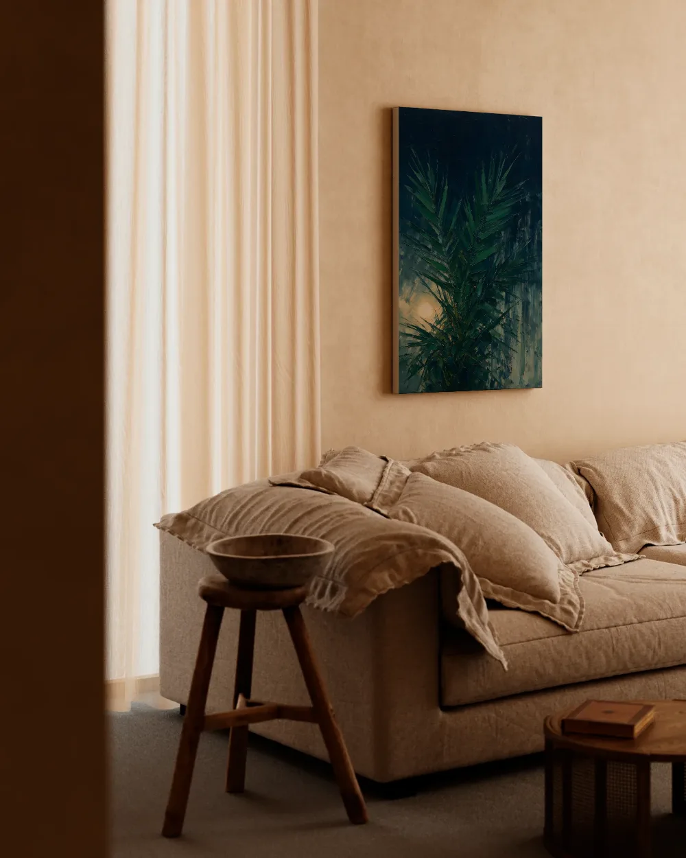 Palmboom tegen de lucht in bosgroen, canvas schilderij uit de collectie palmbomen