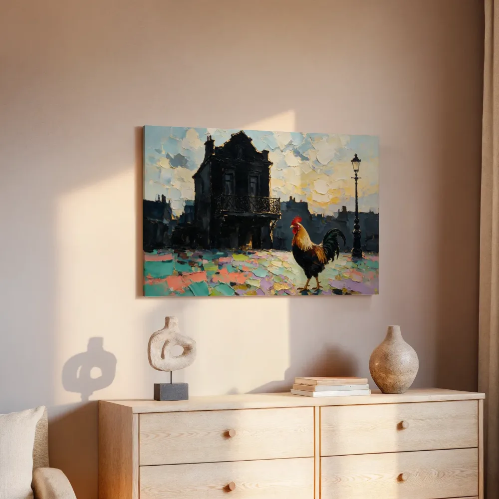 Parijse gevel in licht tegenlicht in de sneeuw, canvas schilderij uit de collectie parijse stijl