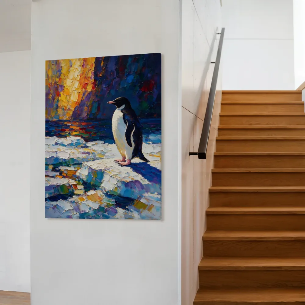Pinguïn in diepe pose tegen een muur in de schaduw, canvas schilderij uit de collectie pinguïn