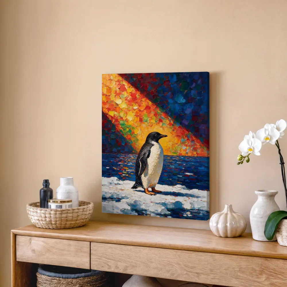 Pinguïn in donkere pose tegen een muur in de schaduw, canvas schilderij uit de collectie pinguïn