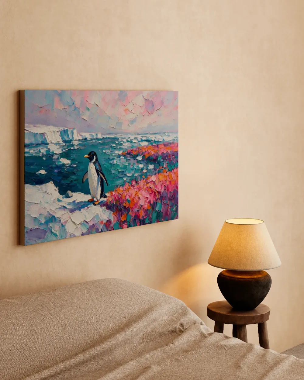 Pinguïn donker in het landschap in een bloementuin, canvas schilderij uit de collectie pinguïn